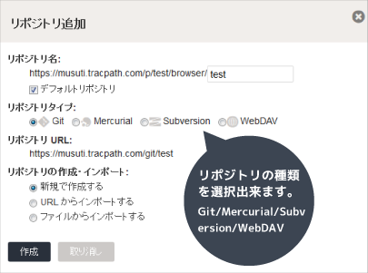 リポジトリ作成時にリポジトリの種類をGit/Mercurial/Subversion/WebDAVから選択出来ます