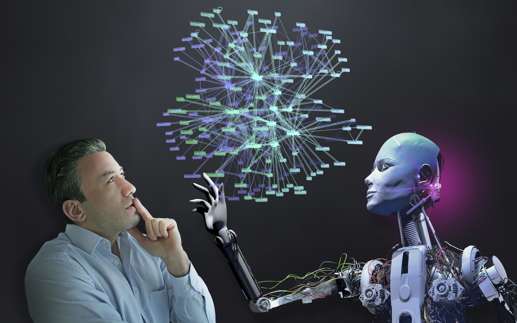 Human and robots to work together in the near future. This combination will accelerate developing technology. Businessman and cyborg organizes social media.
